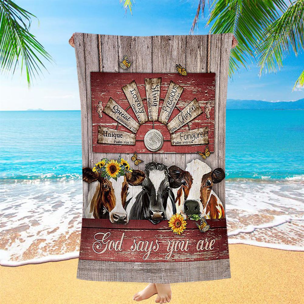 Dairy Cow Sunflower Wreath Windmill Beach Towel- God Says You Are Beach Towel - Christian Beach Towel