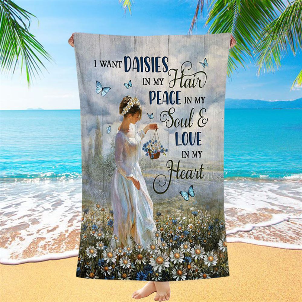 Daisy Field Blue Butterfly Beach Towel- I Want Daisies In My Hair Beach Towel - Christian Beach Towel - Bible Verse Beach Towel