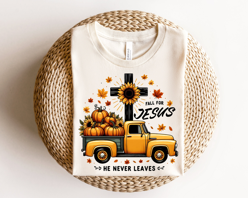 Fall Christian Shirt, Fall for Jesus He Never Leaves, Autumn Shirt for Christians, Jesus Halloween shirt, Christian Autumn Apparel