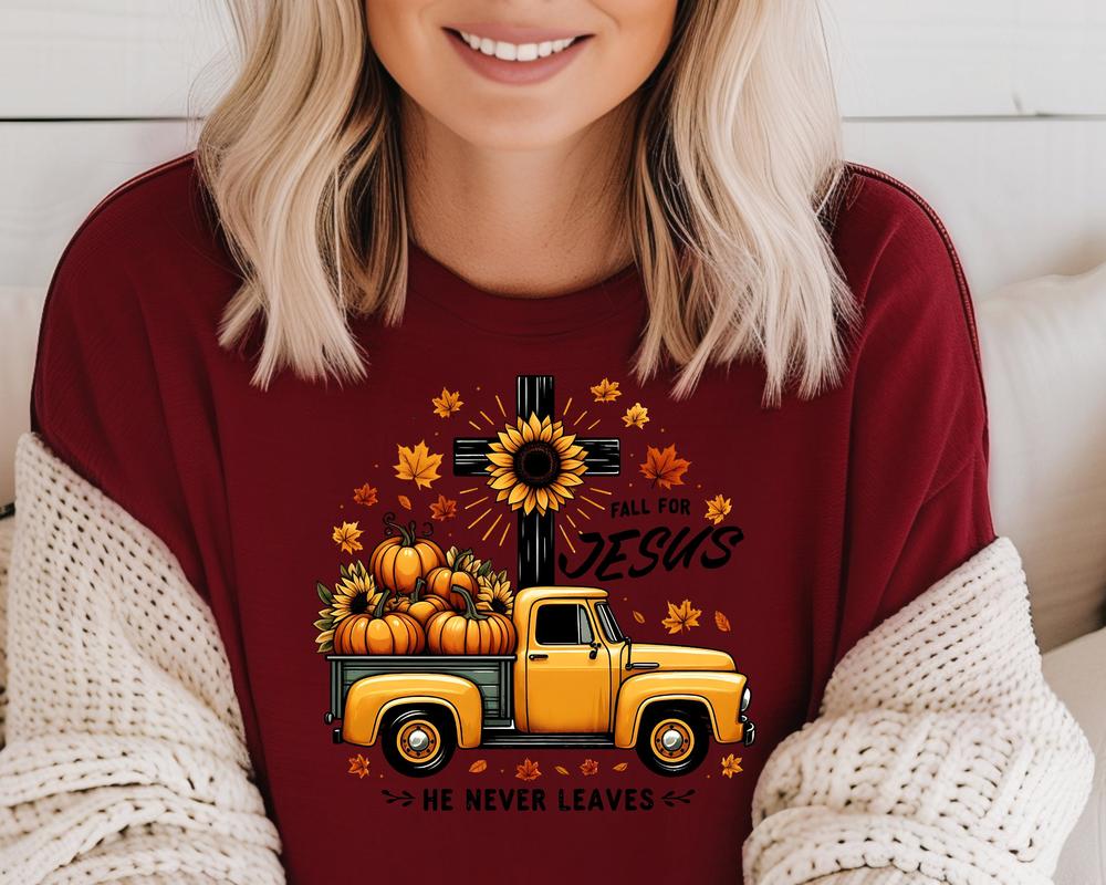 Fall Christian Shirt, Fall for Jesus He Never Leaves, Autumn Shirt for Christians, Jesus Halloween shirt, Christian Autumn Apparel