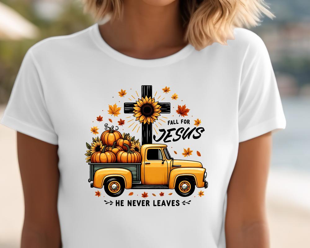 Fall Christian Shirt, Fall for Jesus He Never Leaves, Autumn Shirt for Christians, Jesus Halloween shirt, Christian Autumn Apparel