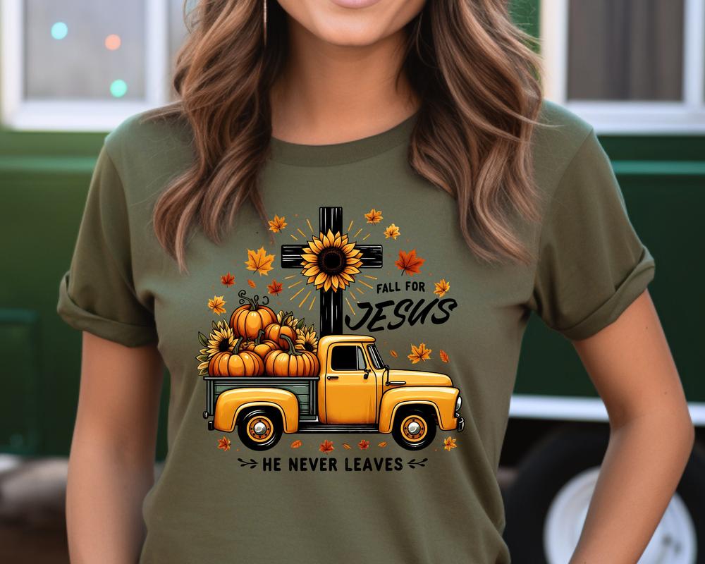 Fall Christian Shirt, Fall for Jesus He Never Leaves, Autumn Shirt for Christians, Jesus Halloween shirt, Christian Autumn Apparel