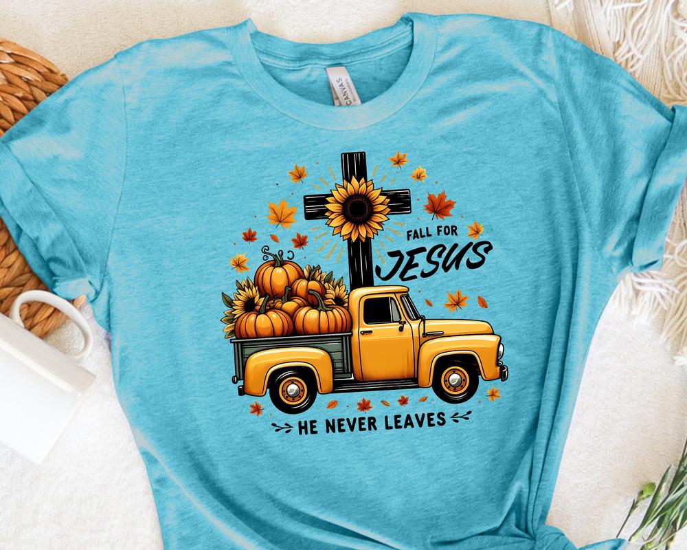 Fall Christian Shirt, Fall for Jesus He Never Leaves, Autumn Shirt for Christians, Jesus Halloween shirt, Christian Autumn Apparel