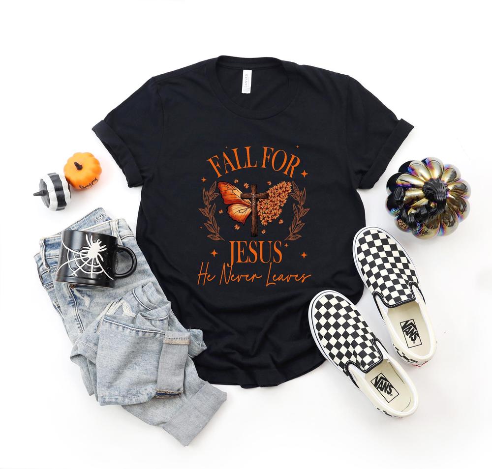 Fall For Jesus He Never Leaves, Halloween Shirt, Christian Halloween T-shirt, Halloween Gift, Trick or Treat, Jesus Shirt, Halloween Party