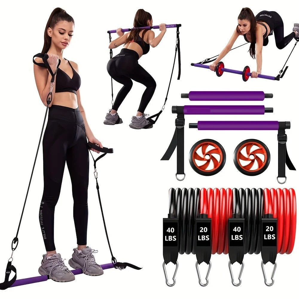 Fitness Pilates Bar Resistance Band Set with Rollers, Portable Exercise Equipment for Home Gym