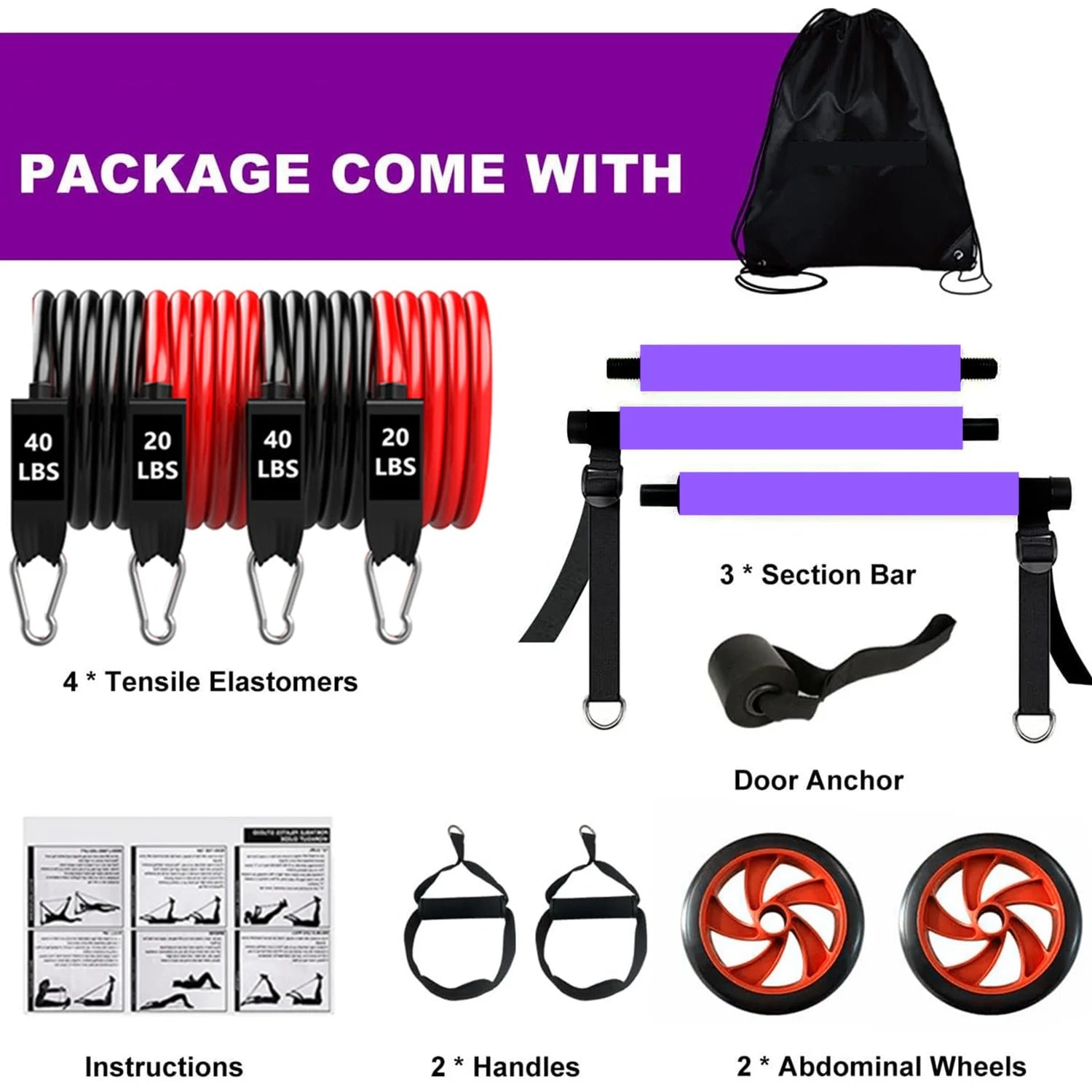 Fitness Pilates Bar Resistance Band Set with Rollers, Portable Exercise Equipment for Home Gym
