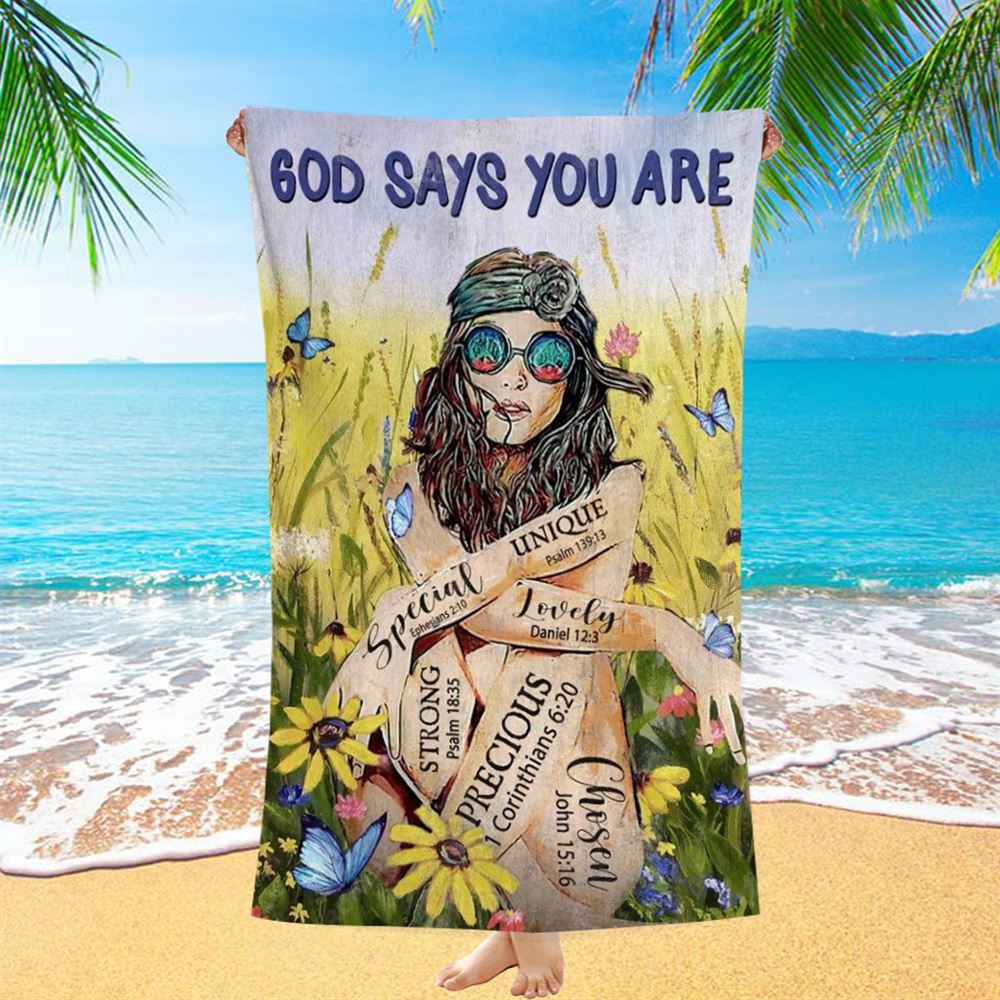 Flower Field, Green Meadow, Hippie, God Says You Are Beach Towel, Christian Beach Towel, Christian Gift, Gift For Women