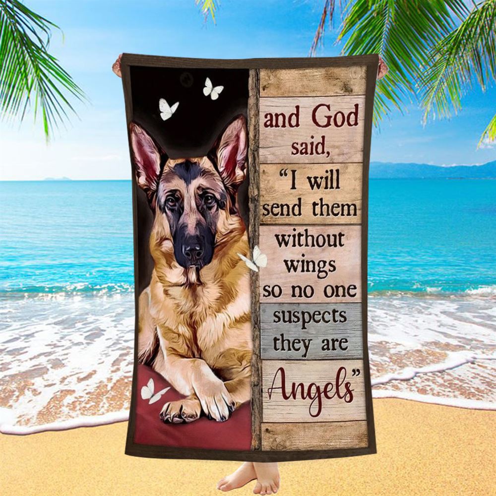 German Shepherd Drawing I Will Send Them Without Wings Beach Towel, Christian Beach Towel, Christian Gift, Gift For Women