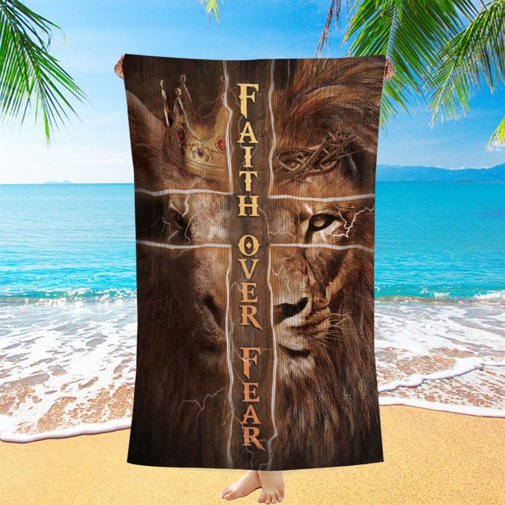 Golden Crown, Lion King, Cross, Faith Over Fear Beach Towel, Christian Beach Towel, Christian Gift, Gift For Women