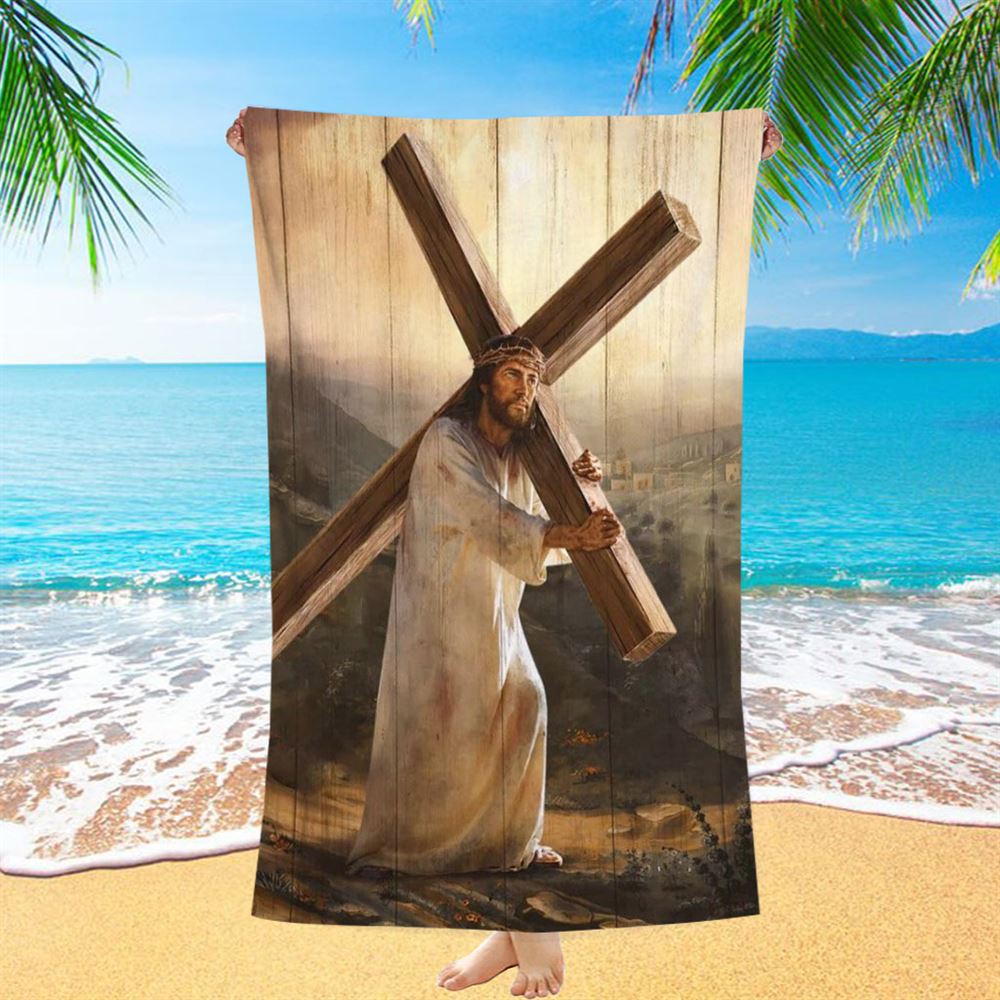 Jesus Carrying The Cross Beach Towel, Christian Beach Towel, Christian Gift, Gift For Women