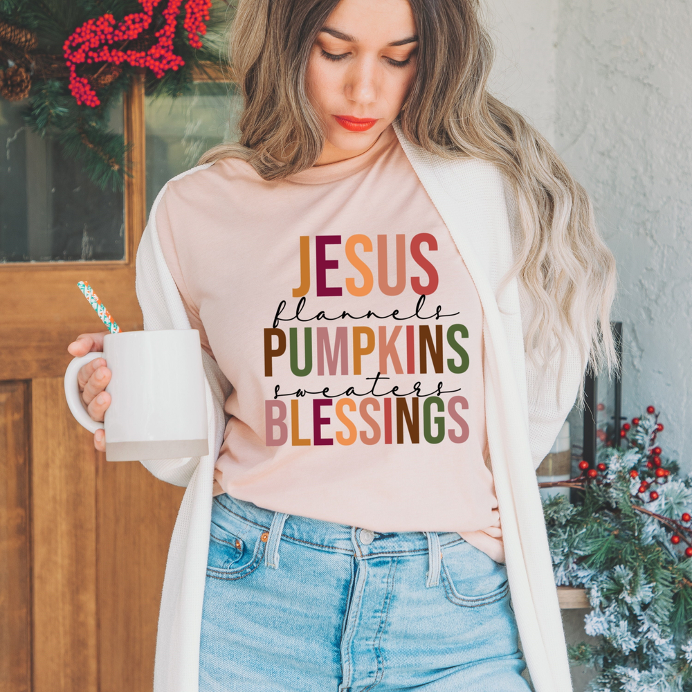 Jesus Flannels Pumpkins Blessings Fall Autumn Shirt, Christian Pumpkin Patch Novelty T-Shirt