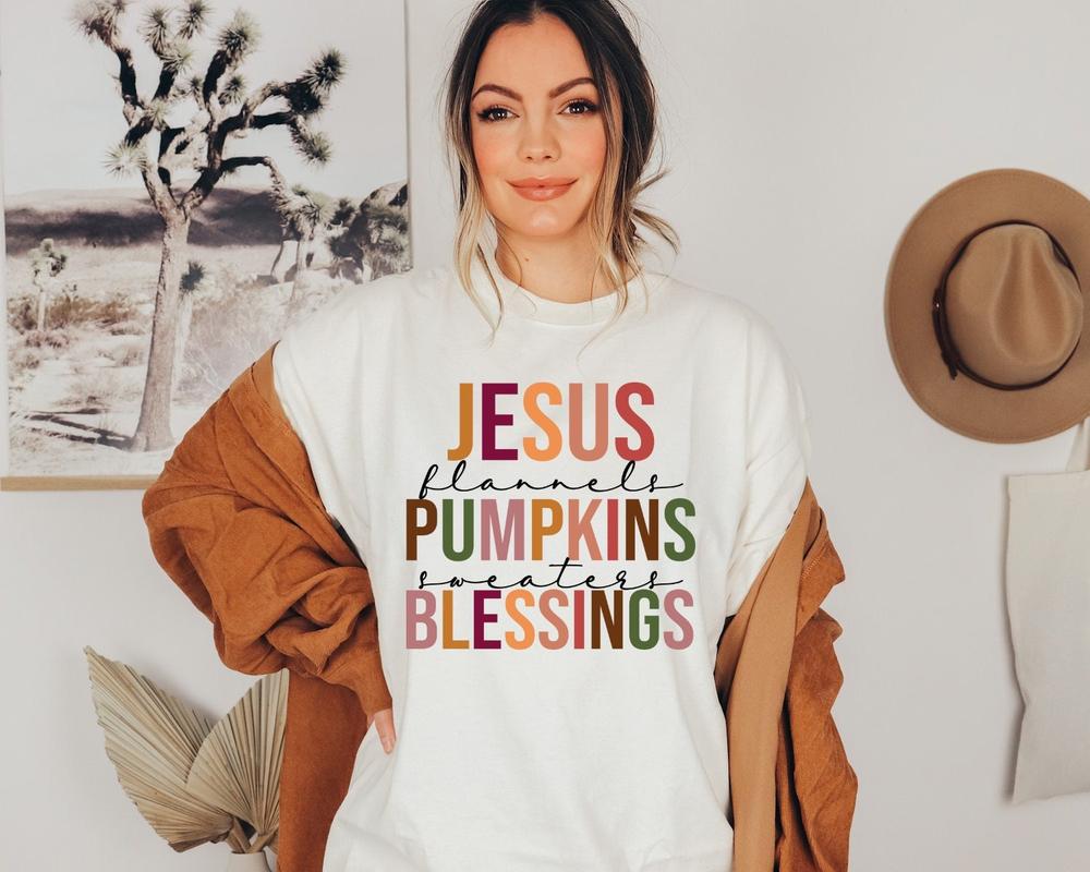 Jesus Flannels Pumpkins Blessings Fall Autumn Shirt, Christian Pumpkin Patch Novelty T-Shirt