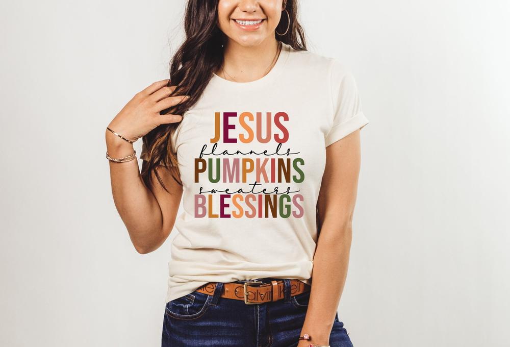 Jesus Flannels Pumpkins Blessings Fall Autumn Shirt, Christian Pumpkin Patch Novelty T-Shirt