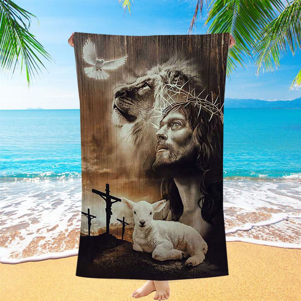 Lion Of Judah Lamb Of God Jesus The Old Rugged Crosses Beach Towel - Lion Beach Towel - Christian Beach Towel - Religious Beach Towel