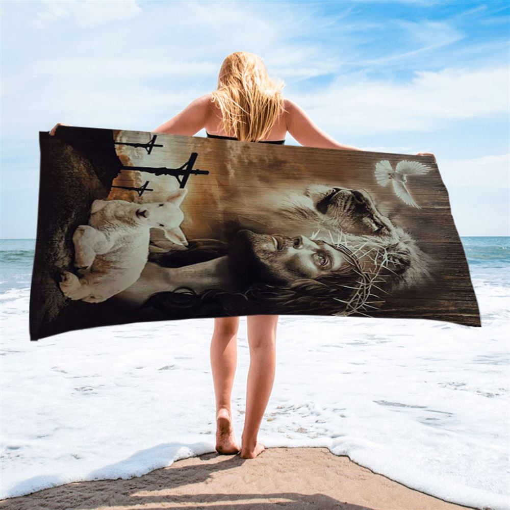 Lion Of Judah Lamb Of God Jesus The Old Rugged Crosses Beach Towel - Lion Beach Towel - Christian Beach Towel - Religious Beach Towel