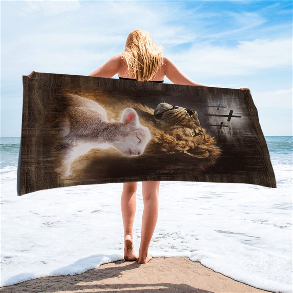 Lion Of Judah Lamb Of God The Rugged Crosses Beach Towel - Lion Beach Towel - Christian Beach Towel - Religious Beach Towel