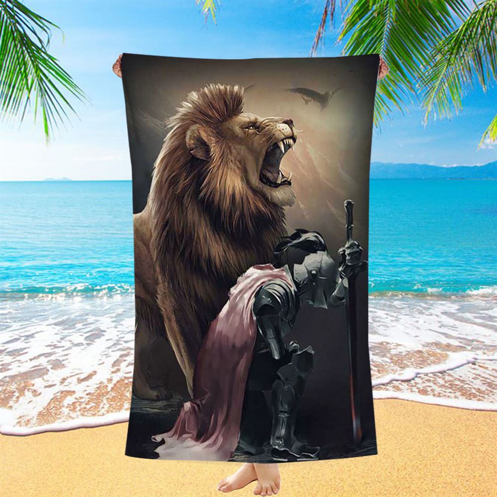 Lion Of Judah The Knight Of God Beach Towel - Lion Beach Towel - Christian Beach Towel - Religious Beach Towel