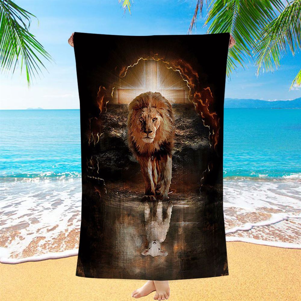 Lion White Lamb Cross On Tomb Beach Towel - Christian Beach Towel - Religious Beach Towel