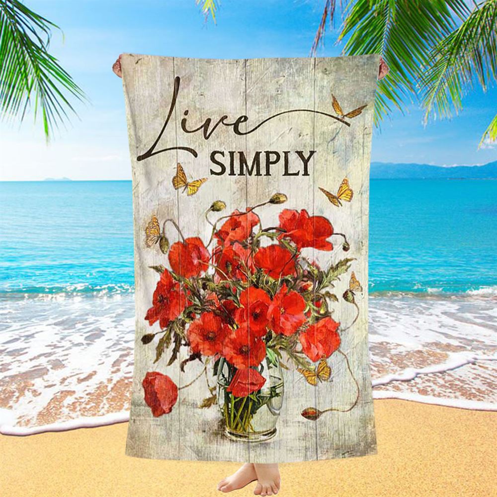 Live Simply Poppy Flower Yellow Butterfly Beach Towel - Inspirational Beach Towel - Christian Beach Towel