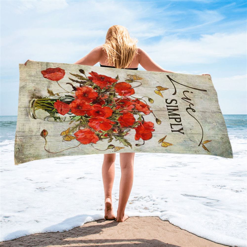 Live Simply Poppy Flower Yellow Butterfly Beach Towel - Inspirational Beach Towel - Christian Beach Towel