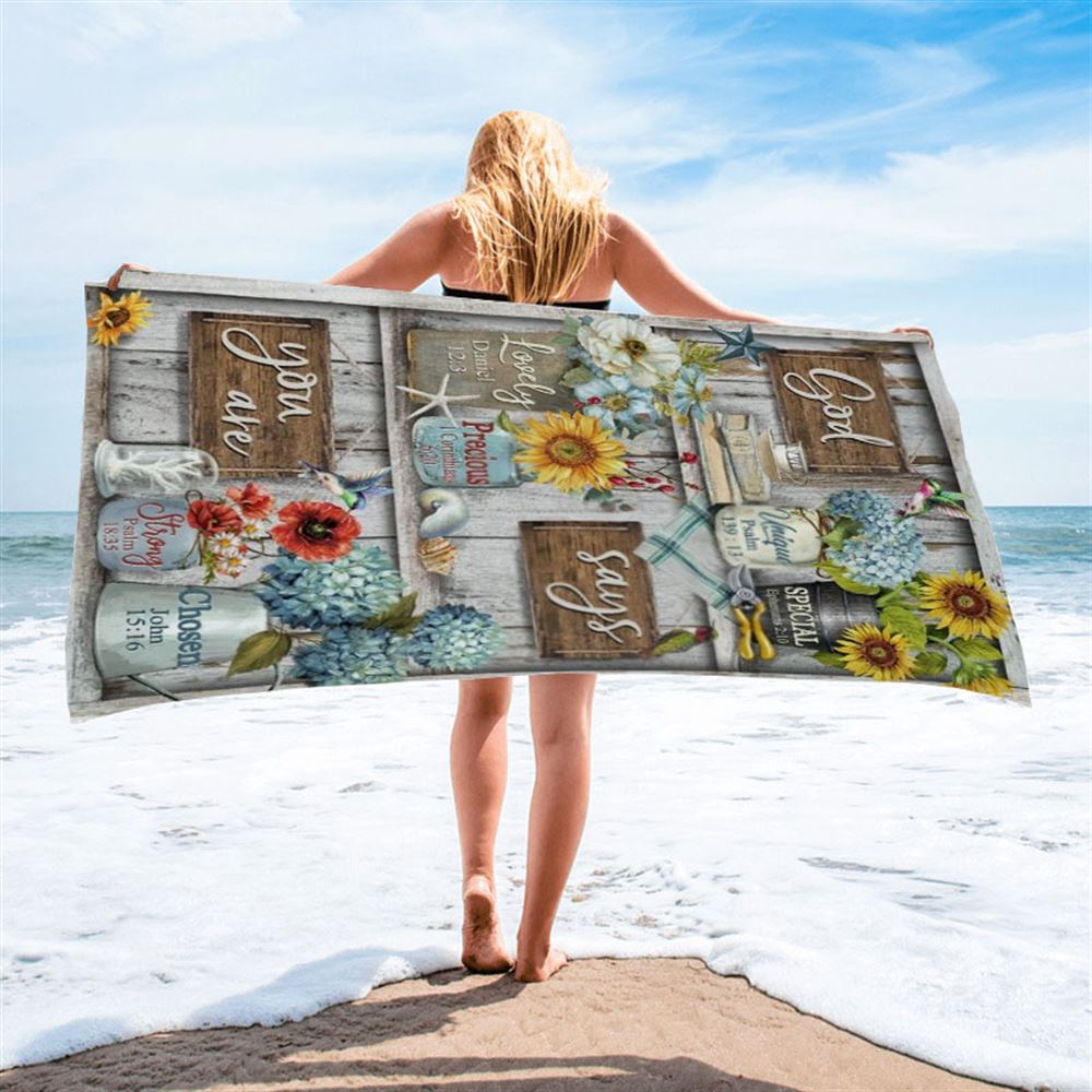 Lovely Flower Garden, Colorful Hummingbird, God Says You Are Beach Towel, Christian Beach Towel, Christian Gift, Gift For Women