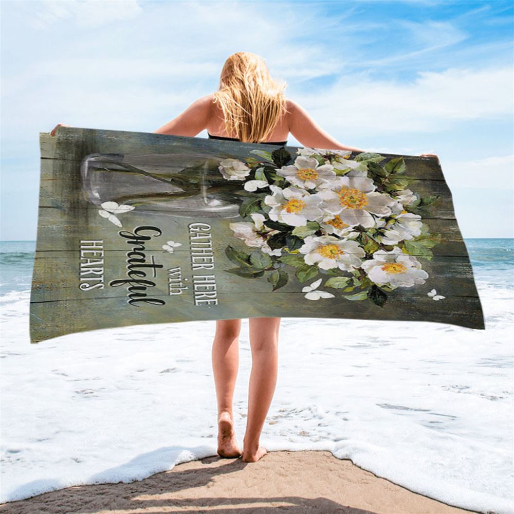 Magnolias Flower Gather Here With Grateful Hearts Beach Towel - Christian Beach Towel - Religious Beach Towel