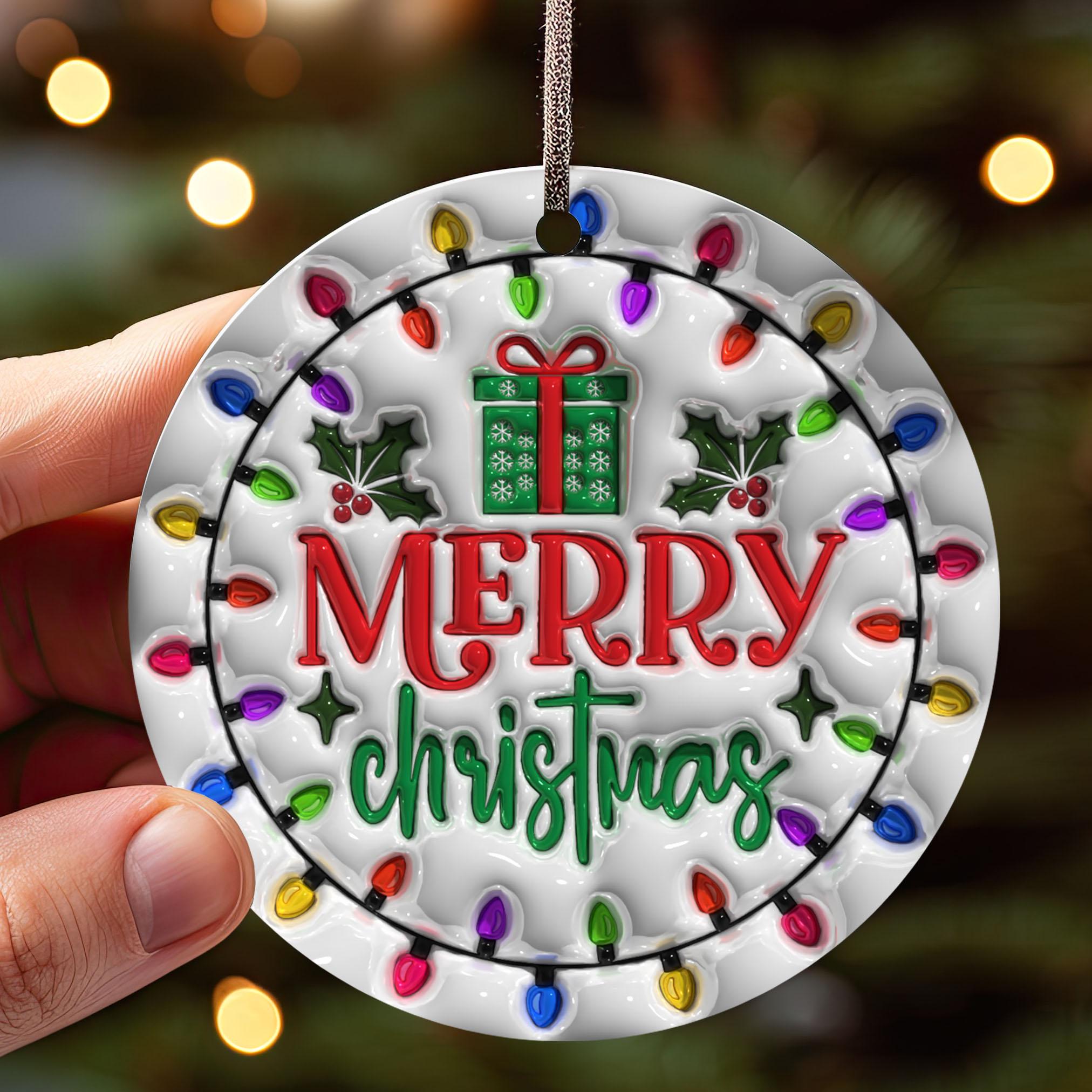 14Merry Christmas Ornament, Merry Christmas Ornament Sublimation PNG, Christmas Gift Box Fruit Round Ornament