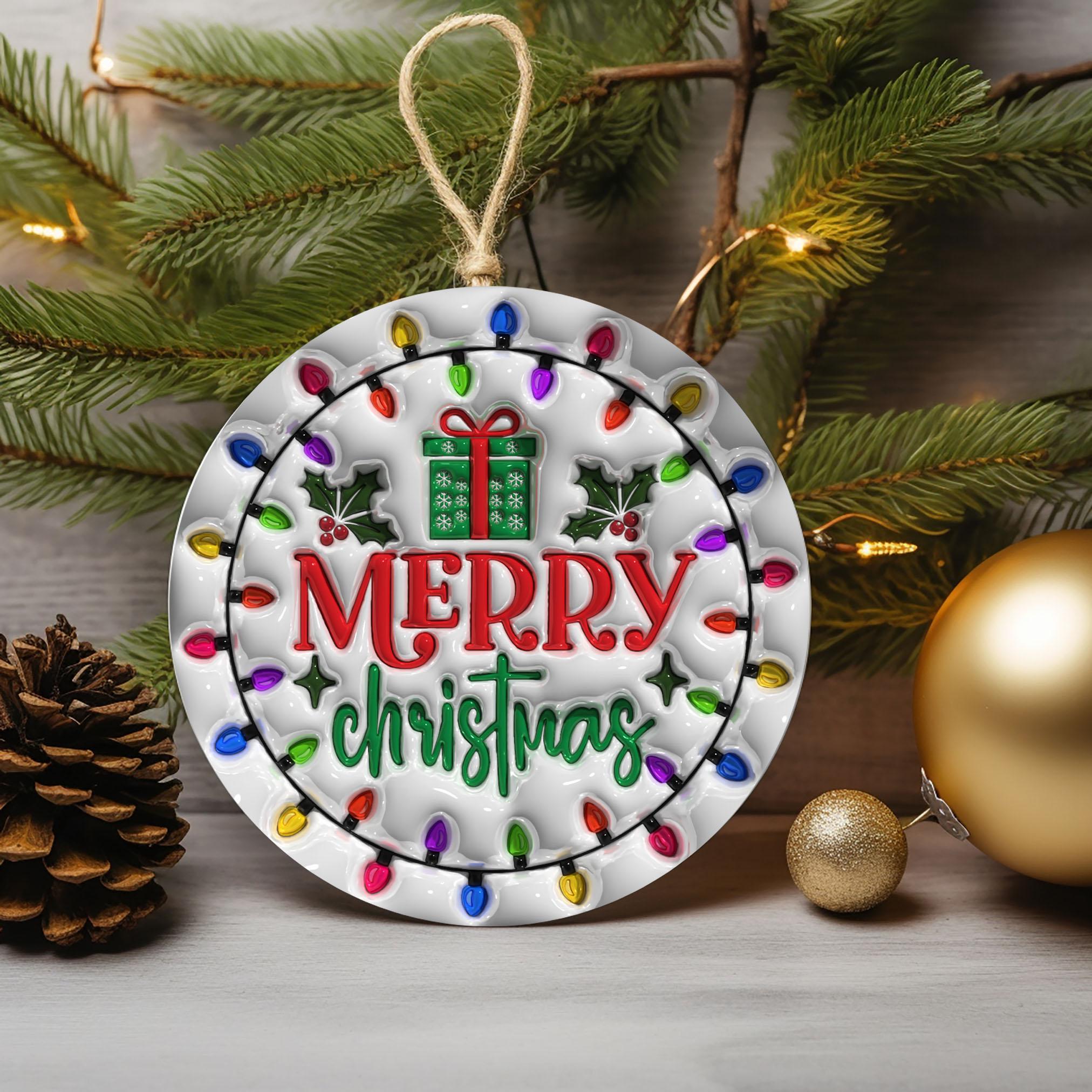 14Merry Christmas Ornament, Merry Christmas Ornament Sublimation PNG, Christmas Gift Box Fruit Round Ornament