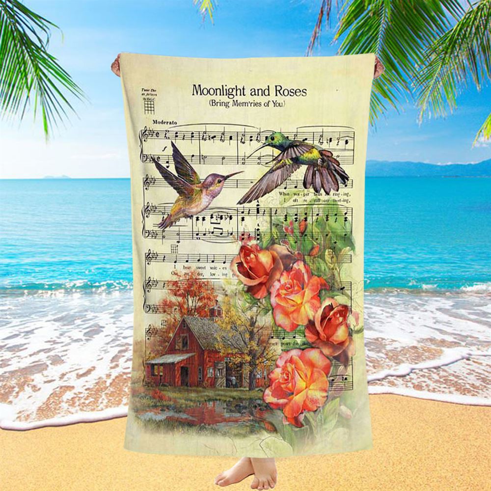 Moonlight And Roses Music Sheet Big Hummingbird Orange Rose Beach Towel - Christian Beach Towel