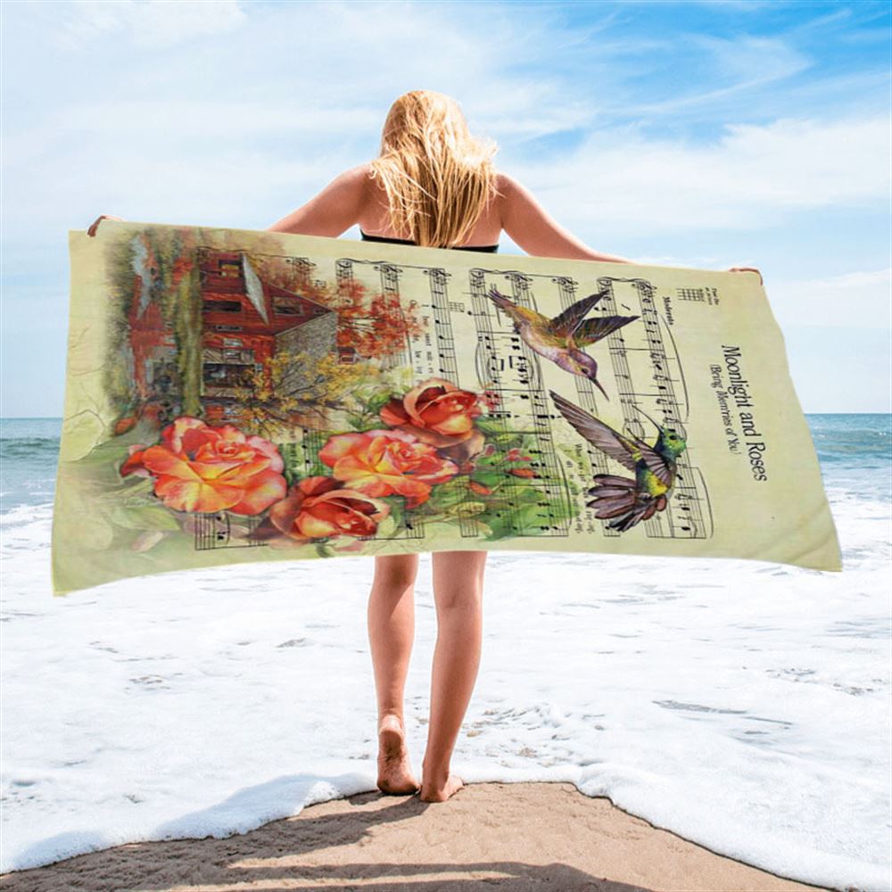 Moonlight And Roses Music Sheet Big Hummingbird Orange Rose Beach Towel - Christian Beach Towel