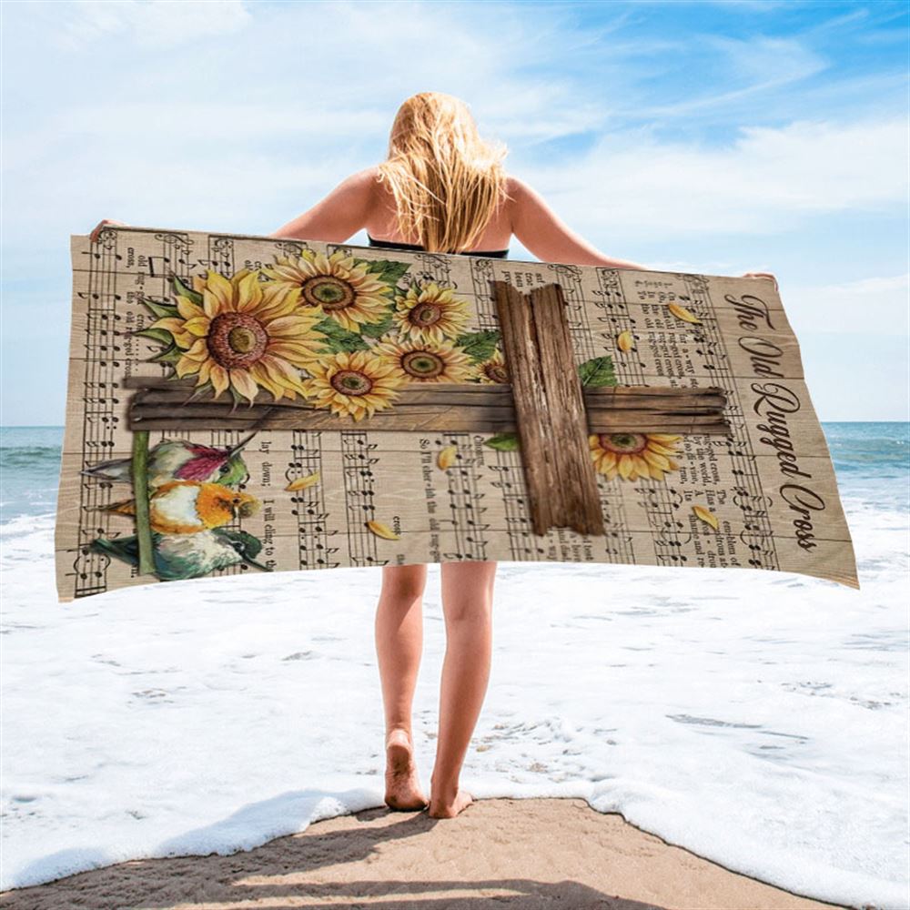 Music Sheet, Colorful Hummingbird, Sunflower, The Old Rugged Cross Beach Towel, Christian Beach Towel, Christian Gift, Gift For Women