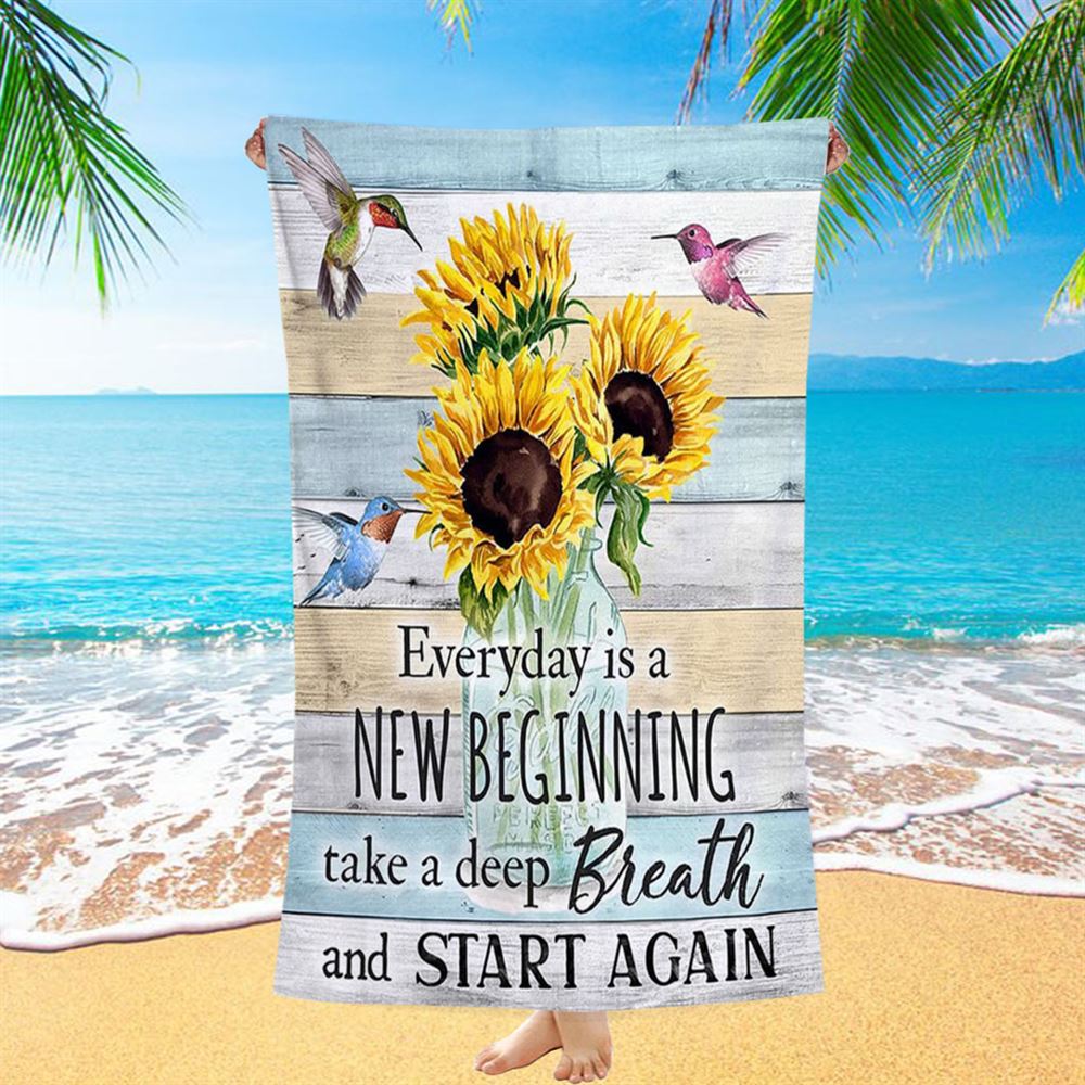 New Beginnings Hummingbirds Sunflowers Beach Towel - Inspirational Beach Towel & Decor - Encouragement Gifts For Women Woman