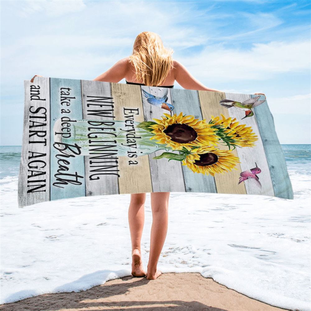 New Beginnings Hummingbirds Sunflowers Beach Towel - Inspirational Beach Towel & Decor - Encouragement Gifts For Women Woman