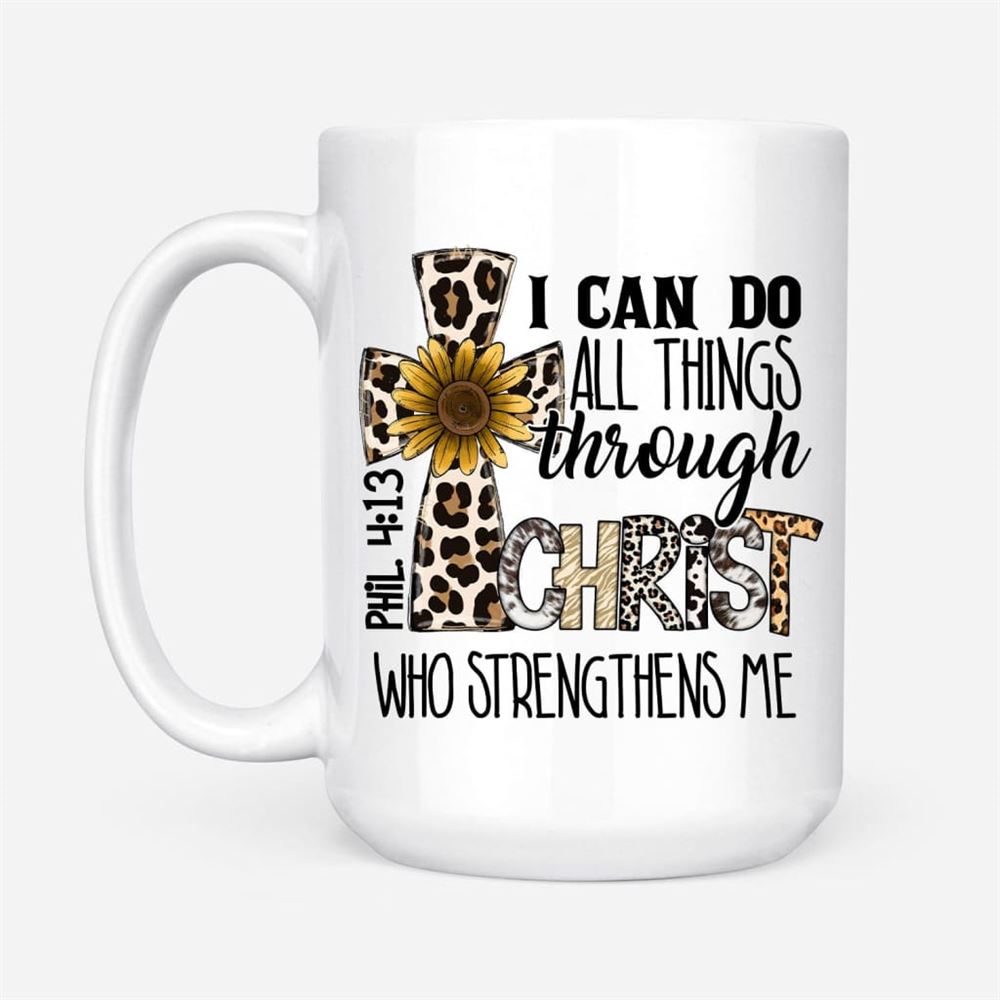 Philippians 413 I Can Do All Things Through Christ, Leopard Cross, Coffee Mug, Christian Mug, Bible Mug, Faith Gift, Encouragement Gift