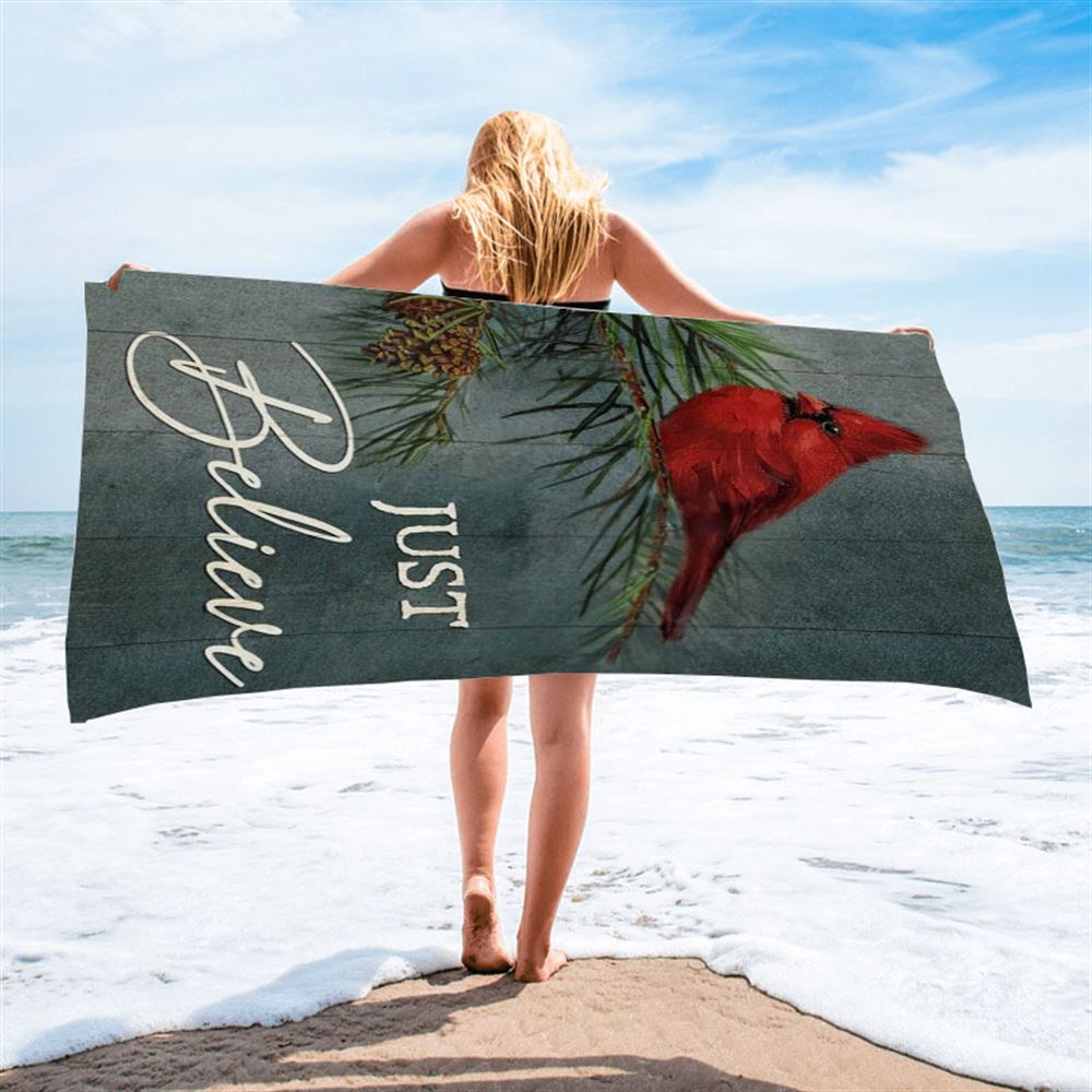 Pretty Cardinal Pine Cone Tree Just Believe Beach Towel, Christian Beach Towel, Christian Gift, Gift For Women