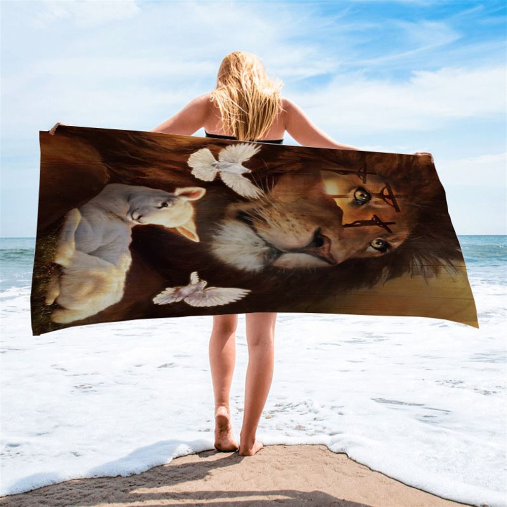 Pretty Lion, Watercolor Lamb, White Dove, Cross Jesus Beach Towel, Christian Beach Towel, Christian Gift, Gift For Women