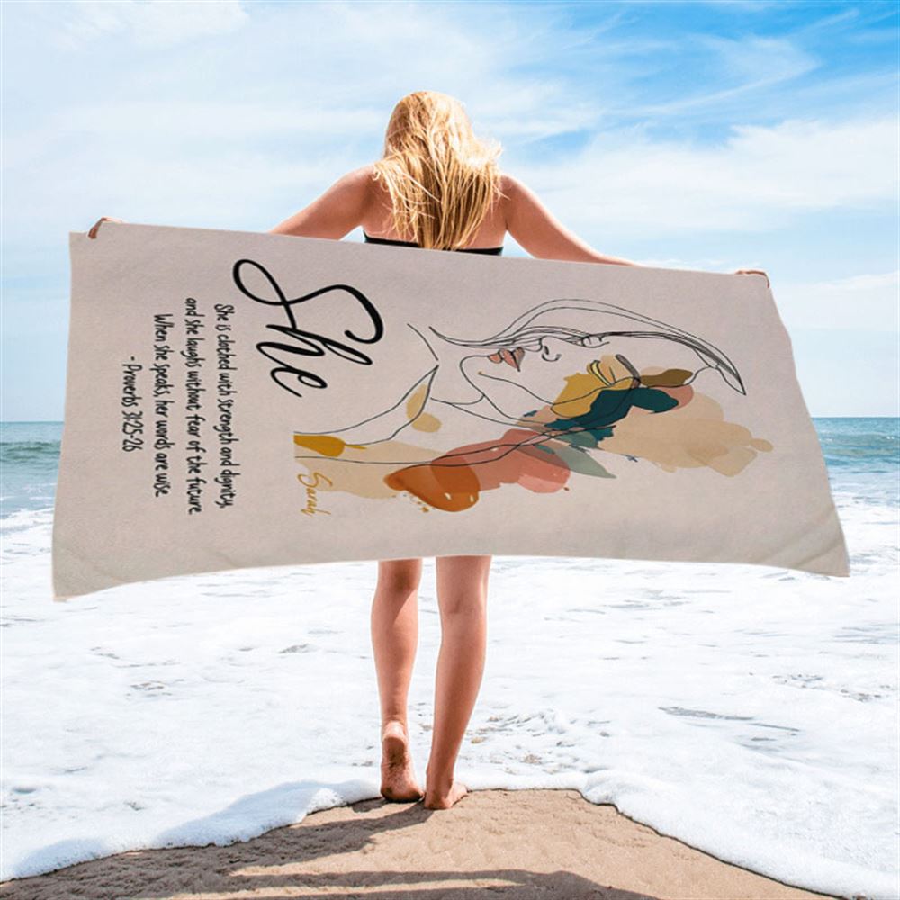 Proverbs 315-6 When She Speaks, Her Words Are Wise Personalized Beach Towel - Religious Beach Towel - Bible Beach Towel