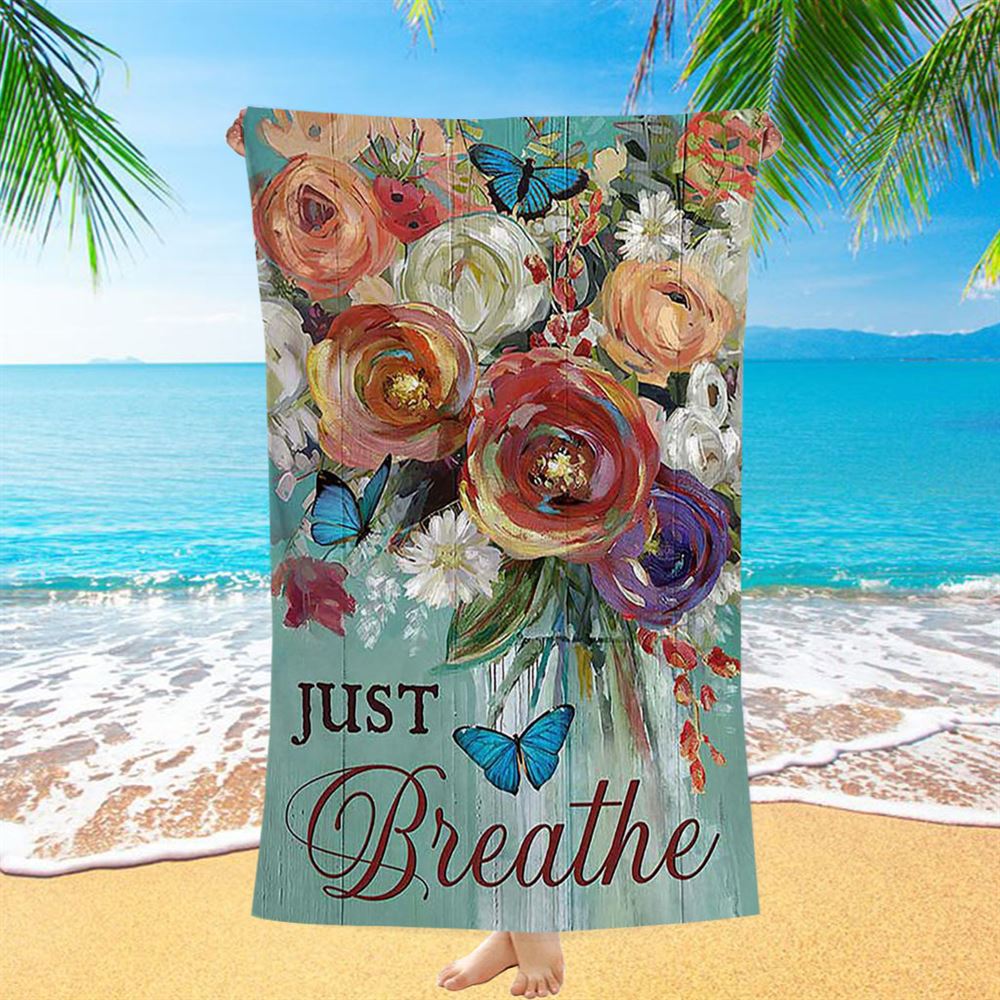 Red Rose Just Breathe Beach Towel - Christian Beach Towel - Religious Beach Towel