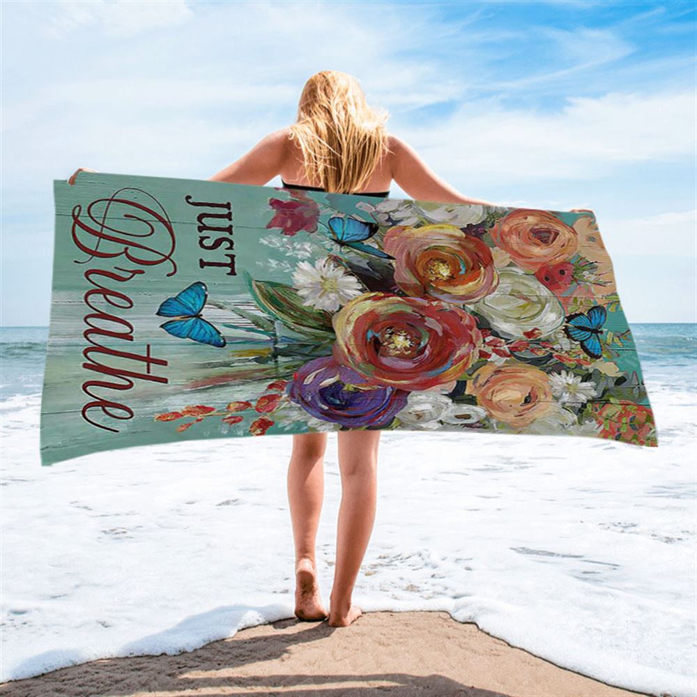 Red Rose Just Breathe Beach Towel - Christian Beach Towel - Religious Beach Towel