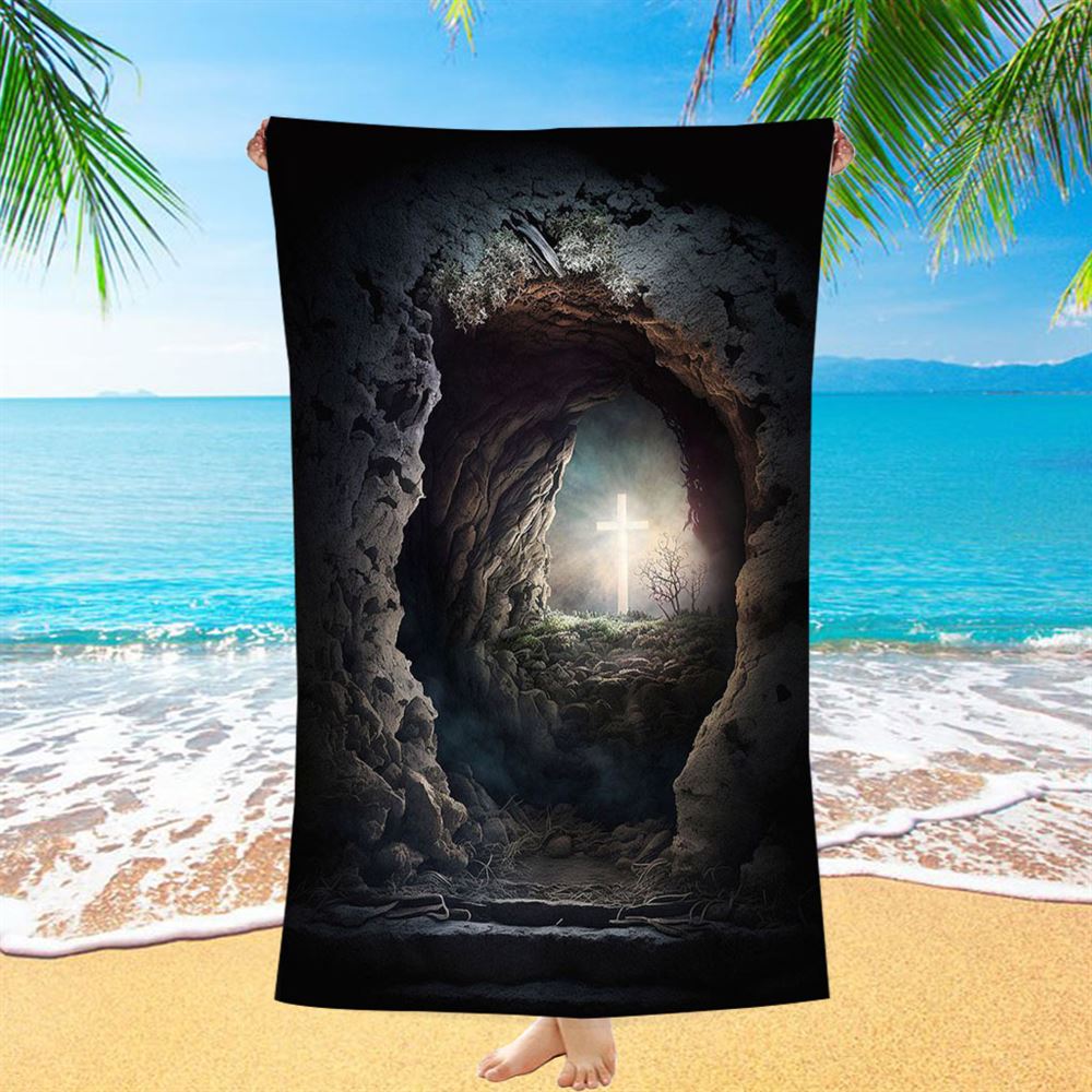 Resurrection Light Empty Tomb With Crucifix Dawn Beach Towel - Religious Beach Towel - Christian Beach Towel