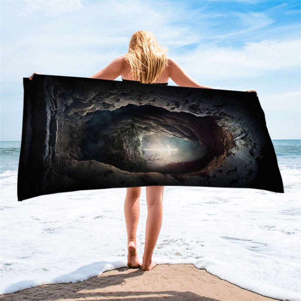 Resurrection Light Empty Tomb With Crucifix Dawn Beach Towel - Religious Beach Towel - Christian Beach Towel