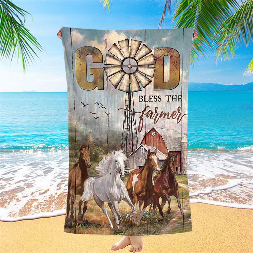 Running Horses God Bless The Farmer Beach Towel - Inspirational Beach Towel - Christian Beach Towel