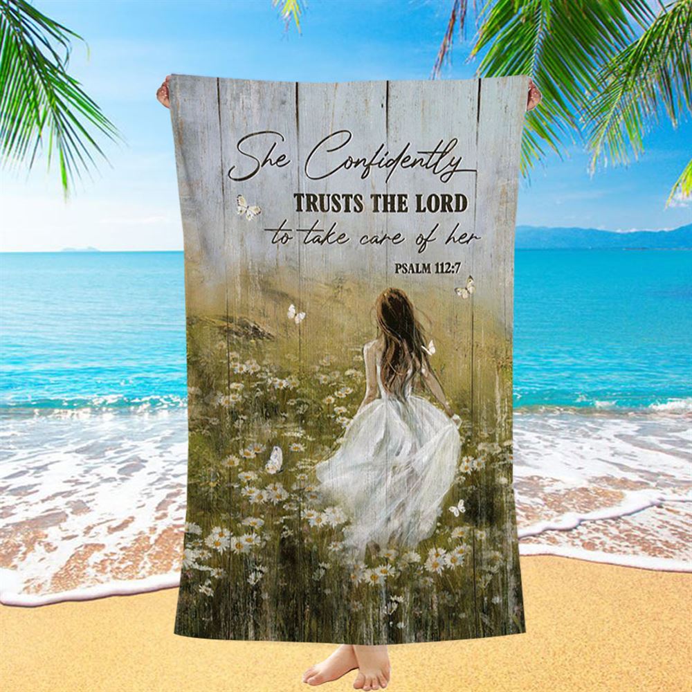 She Confidently Trusts The Lord To Take Care Of Her Green Flower Field White Butterfly Beach Towel - Christian Beach Towel