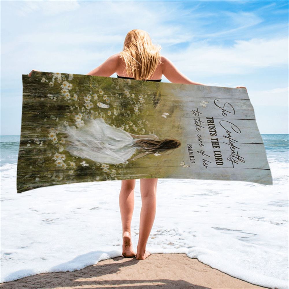 She Confidently Trusts The Lord To Take Care Of Her Green Flower Field White Butterfly Beach Towel - Christian Beach Towel