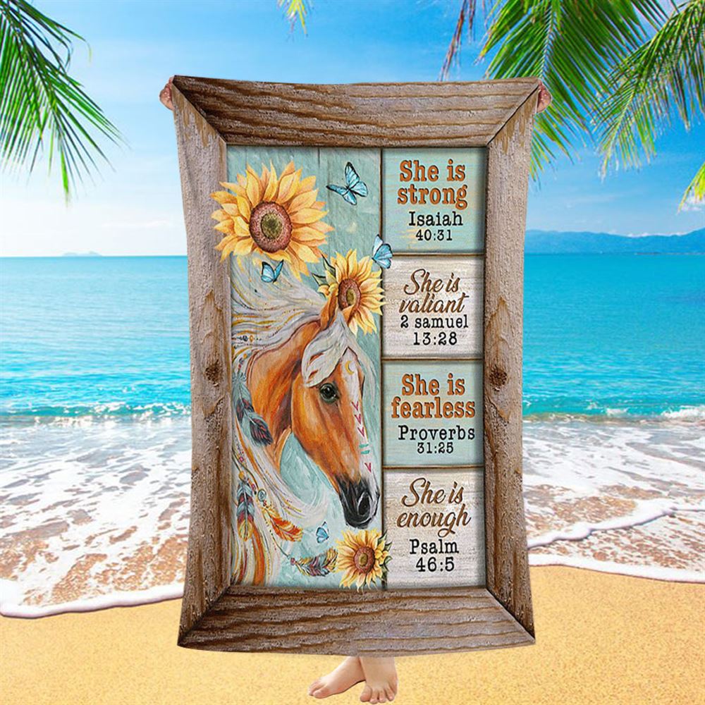 She Is Strong Horse Sunflower Butterfly Beach Towel - Inspirational Beach Towel - Christian Beach Towel