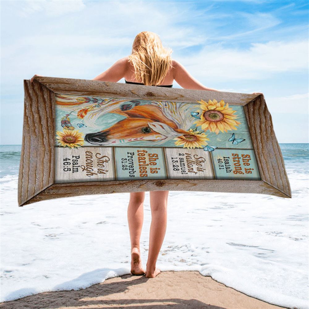 She Is Strong Horse Sunflower Butterfly Beach Towel - Inspirational Beach Towel - Christian Beach Towel