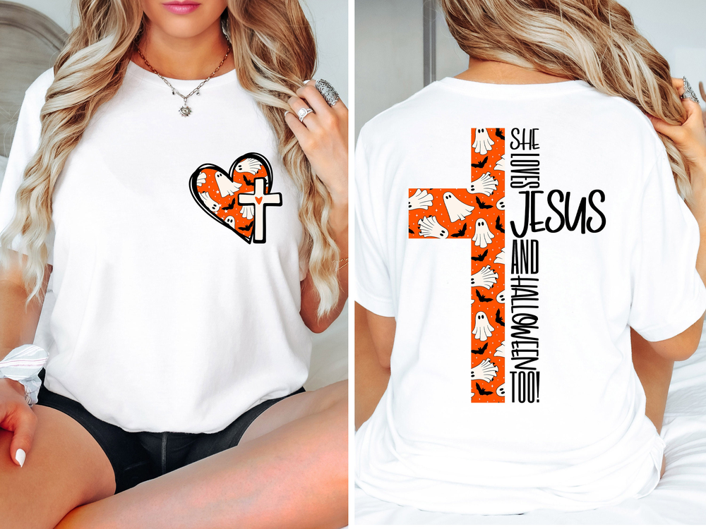 She Loves Jesus and Halloween Too Shirt, Christian Halloween Shirt, Christian Cross Shirt, Halloween Party Tee, Halloween Jesus Lover Shirt