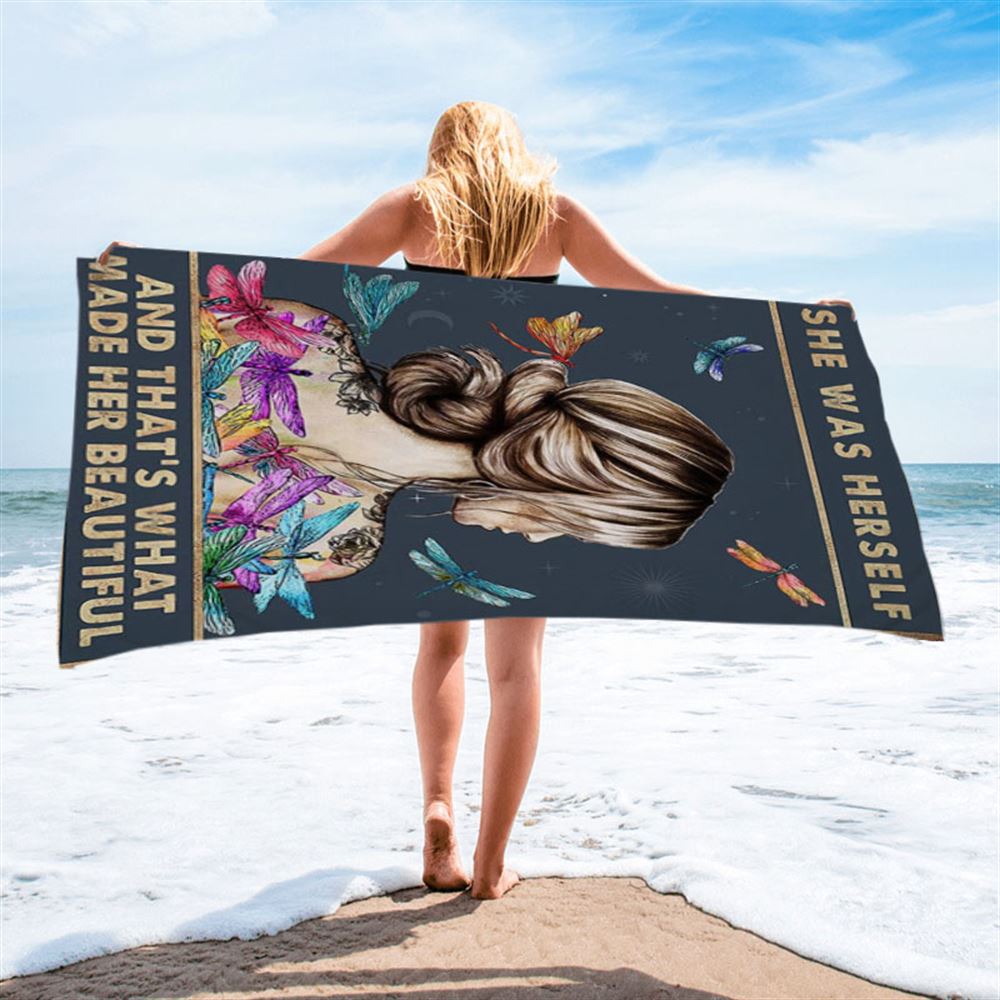 She Was Herself Beach Towel - Encouragement Gifts For Women, Teens, Girls - Dragonfly Boho Decor - Hippie Bohemian Decor