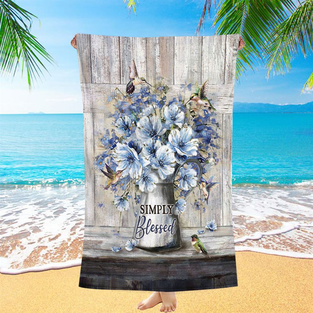 Simply Blessed Blue Daisy Flower Beach Towel - Bible Verse Beach Towel - Inspirational Art - Christian Beach Towel