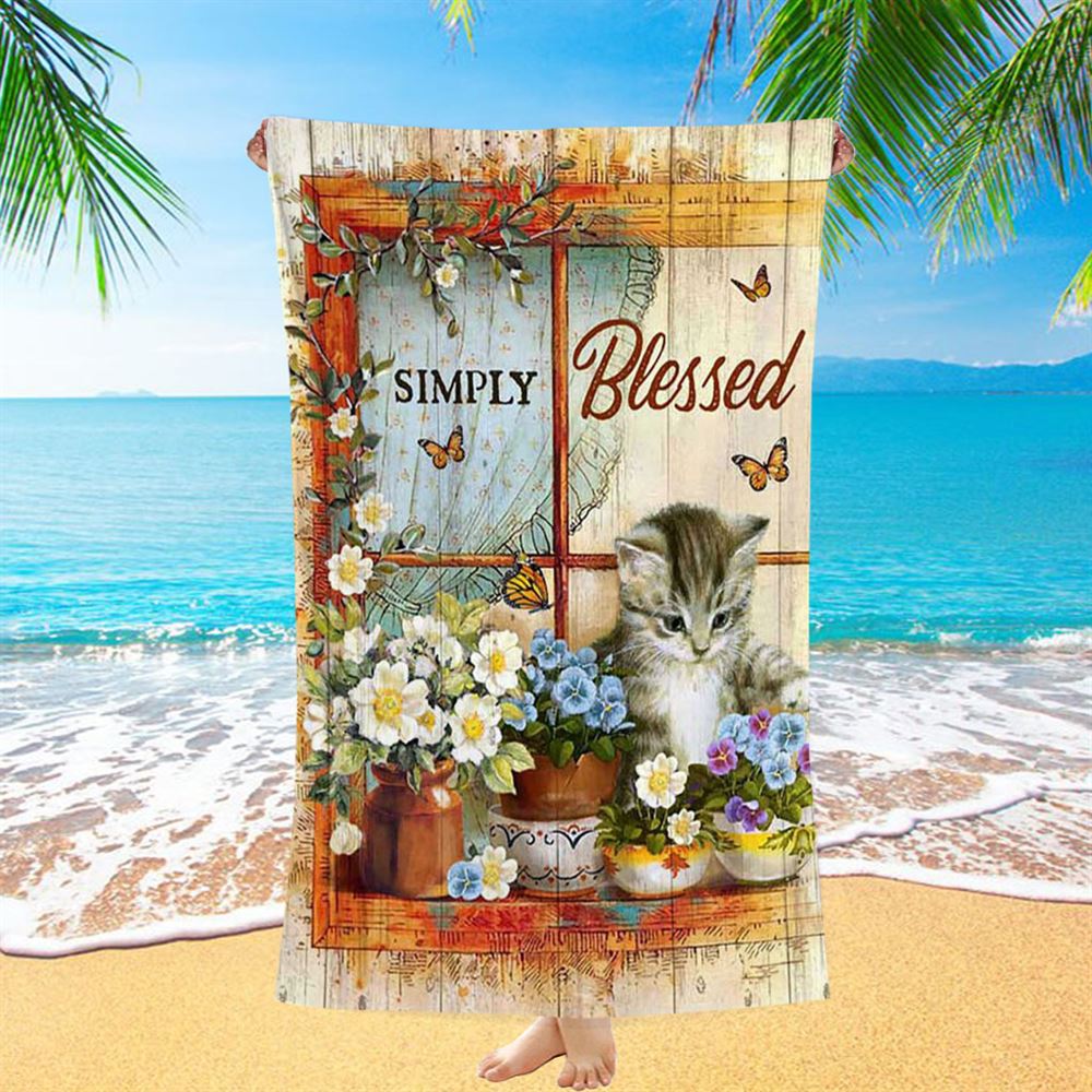 Simply Blessed Cat Butterfly Beach Towel - Inspirational Beach Towel - Christian Beach Towel